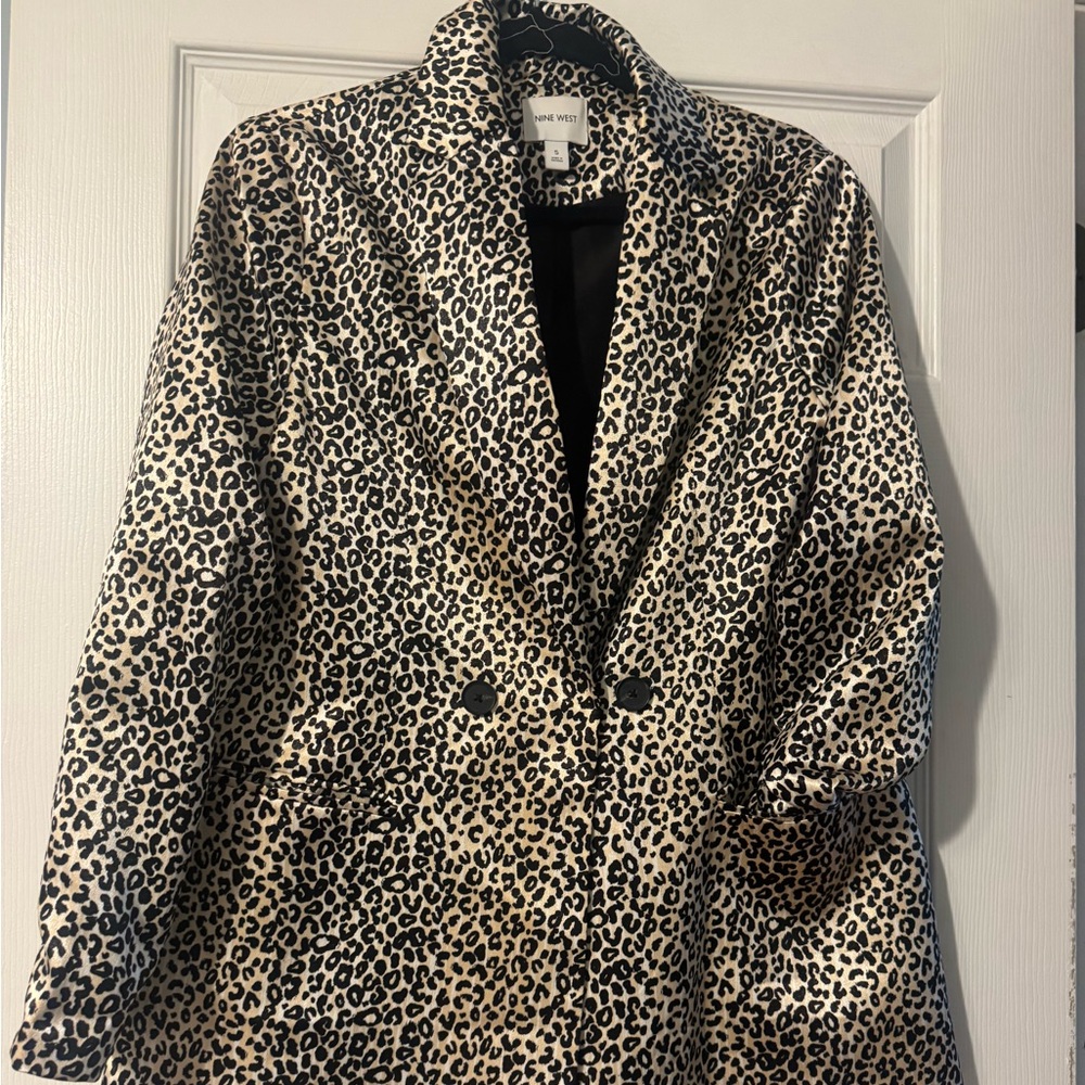 Nine West Leopard Print Double-Breasted Blazer - Black & Cream